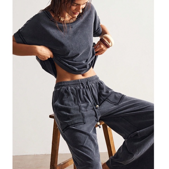 Mineral Wash Star Patch Short Sleeve Loose fit Top Wide Leg Pants set - Picture 3 of 7